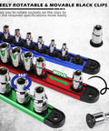 Heavy Duty Magnetic Socket Organizer Set With 360 Degree Swivel Clips Aluminum Socket Rack Kit For One Half Inch Three Eighths Inch And One Quarter Inch Sockets Holds 240 Sockets In Tool Box Drawer showing rotatable clips on colored rails