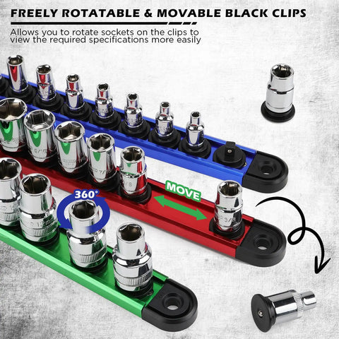 Heavy Duty Magnetic Socket Organizer Set With 360 Degree Swivel Clips Aluminum Socket Rack Kit For One Half Inch Three Eighths Inch And One Quarter Inch Sockets Holds 240 Sockets In Tool Box Drawer showing rotatable clips on colored rails