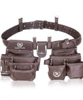 Top Grain Leather Heavy Duty Tool Belt Pouch Bag For Framers Carpenters Construction Pros Handyman And Electricians With Speed Square Pocket And Ample Tool Storage, shown with various pockets and belt buckles.