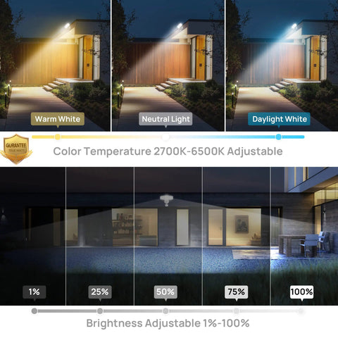 Smart Outdoor Motion Security Light 30W With WiFi App Control showing adjustable LED light color and brightness levels.