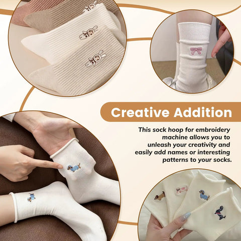 Sock Hoop Embroidery Hoop For Embroidery Machines, showing embroidered socks with animal and bow designs, used for precise embroidery.