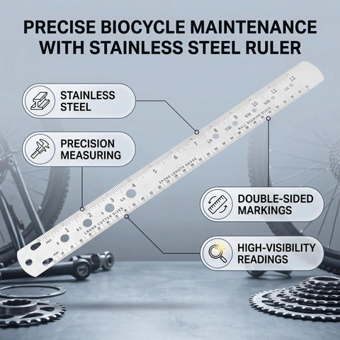 Top Shelf Stainless Steel Bike Spoke Length Gauge And Nipple Size Ruler For Cotter Pins And Bearings Dead On 360Mm Double Sided workshop measuring tool displaying precision measurements.