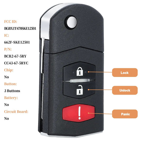 Front view of Flip Remote Key Fob Shell Replacement for Mazda 2 3 5 CX7 CX9 2006 2015 with labeled 3 buttons