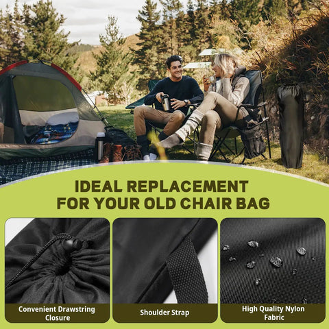Couple at campsite with Tough Folding Chair Carry Bag For Camp Chairs Fits Most Standard Portable Lawn Chairs visible