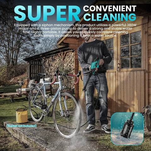 Person using Cordless Portable Washer 800 PSI With Brushless Motor on bike, showcasing six in one nozzle, outside a wooden shed.