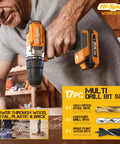 Man using 18V Cordless Drill Kit with Battery and Charger, 58 Piece Driver Bit Set for Wood Metal and Concrete
