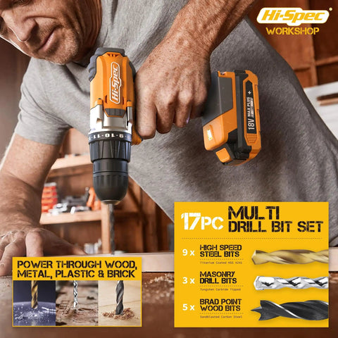 Man using 18V Cordless Drill Kit with Battery and Charger, 58 Piece Driver Bit Set for Wood Metal and Concrete