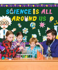 Science Bulletin Board Set For Classrooms with children and teacher in front of a decorated science board and lab equipment