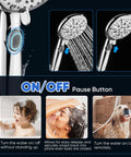 9 Function Shower Head With Built In Power Spray And Water Saving 1.8 GPM On Off Toggle detail with on/off button and water pause feature