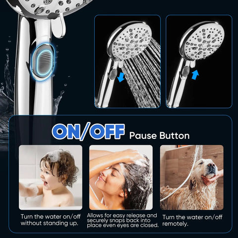 9 Function Shower Head With Built In Power Spray And Water Saving 1.8 GPM On Off Toggle detail with on/off button and water pause feature