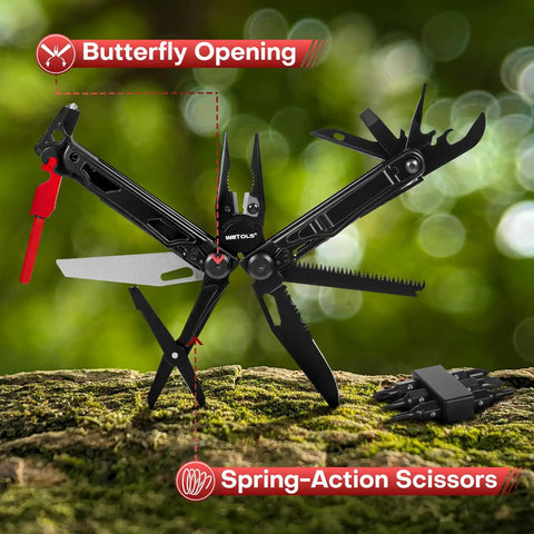 27 In 1 Multitool With Needle Nose Pliers, Screwdrivers, Fire Starter And Self Locking EDC Gear in stainless steel, open view