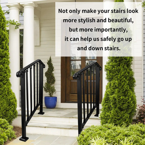 Adjustable Handrail For Two Or Three Steps With Real Wrought Iron Material Outdoor Steps Rail Kit With Installation Hardware Built To Last Weatherproof And Easy To Install For Safe Sturdy Step Access displayed on exterior stairs