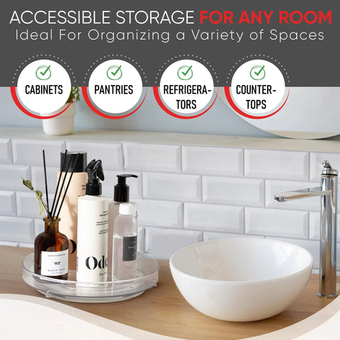 Clear 9 Inch Lazy Susan Turntable for cabinet use on a bathroom vanity, holding various toiletries and a plant.