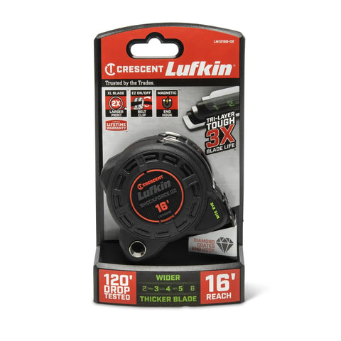 Shockforce G2 16 Foot Magnetic Tape Measure With Nite Eye Night Vision packaging, extra tough blade, matte black with green markings.
