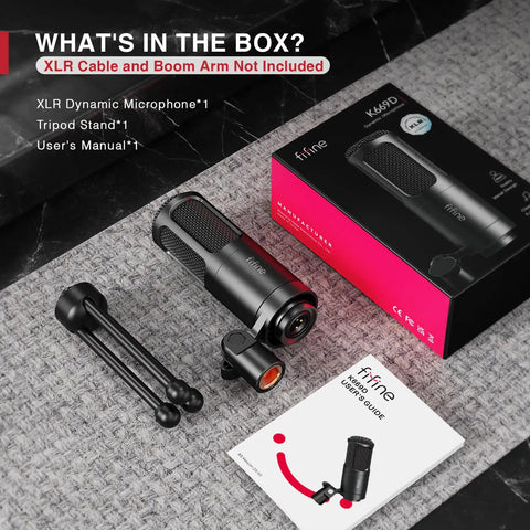 XLR Dynamic Microphone With Cardioid Pattern For Studio Audio, Perfect For Podcasting, Streaming shown with packaging and tripod stand