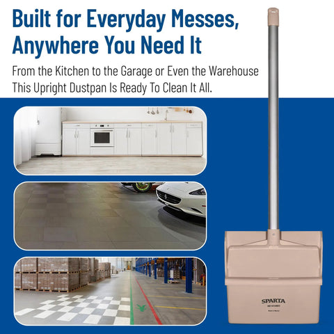 Commercial Upright Dustpan With 30 Inch Aluminum Handle Serrated Broom Comb Edge And Locking Yoke Standing Floor Sweeper tan dustpan in kitchen and warehouse settings.