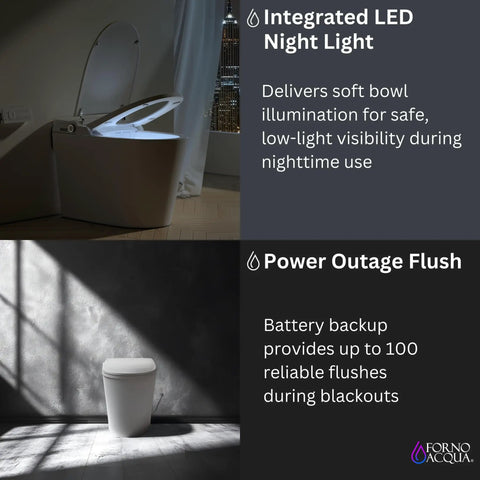 Hassle Free Tankless Smart Toilet Heated Seat Auto Flush Lid Smooth Dual Flush 1000 Map Rating fully skirted bowl with LED night light.