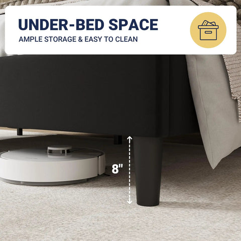 Queen Size Velvet Upholstered Bed Frame With Tall Wingback Headboard And Channel Quilting Modern Retro Bedroom Furniture In Black showing 8" under-bed space.