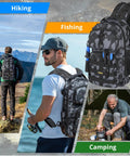 Waterproof Fishing Backpack With Tackle Boxes And Rod Holder For All Weather Gear Durable Sling Bag With Padded Straps in use hiking, fishing, camping