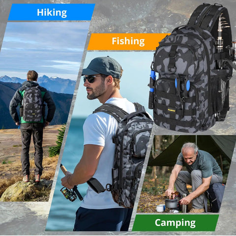 Waterproof Fishing Backpack With Tackle Boxes And Rod Holder For All Weather Gear Durable Sling Bag With Padded Straps in use hiking, fishing, camping