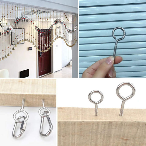 Beefy 20 Pack 2 Inch 304 Stainless Screw Eyes and Eyebolts set showing installation in wood and close-up details, ideal for projects.