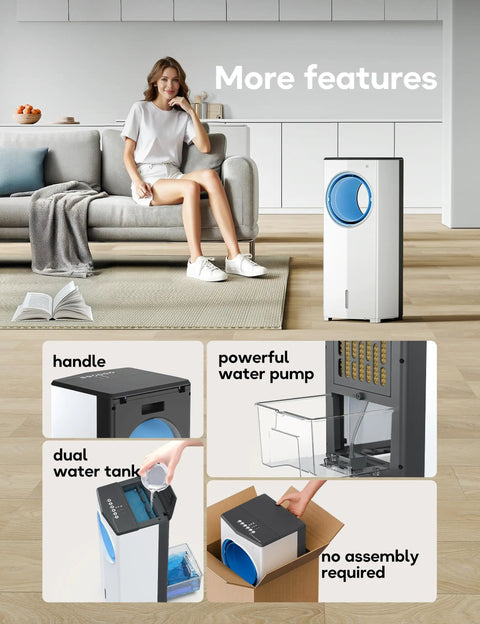 Windowless Portable Air Conditioner For Any Room, 26.1-Inch Evaporative Cooler No Window Needed, 3 Speeds, 4 Modes, shown with features