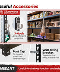 Heavy Duty Black Metal Shelving Unit Five Tier Garage Storage Rack with accessories like J-Hook and Post Cap for organization.