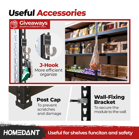 Heavy Duty Black Metal Shelving Unit Five Tier Garage Storage Rack with accessories like J-Hook and Post Cap for organization.