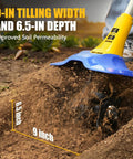 Close-up of Cordless Garden Tiller No Cord Hassle That Uses Your 20V Battery 330 RPM With 48 Steel Tines Nine Inch Tilling Width And Six Point Five Inch Depth in action