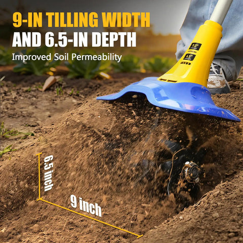 Close-up of Cordless Garden Tiller No Cord Hassle That Uses Your 20V Battery 330 RPM With 48 Steel Tines Nine Inch Tilling Width And Six Point Five Inch Depth in action