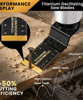 50 Piece Oscillating Blades Kit For Wood And Metal, Dual Material Set With 45 HCS Blades For Clean Wood Cuts And 5 Titanium Coated Blades For Wood Or Metal Tough Jobs, 35mm Blades on wood