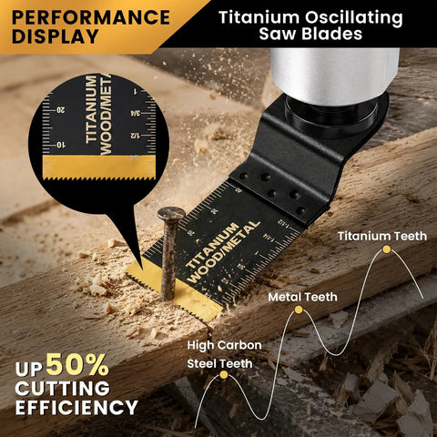 50 Piece Oscillating Blades Kit For Wood And Metal, Dual Material Set With 45 HCS Blades For Clean Wood Cuts And 5 Titanium Coated Blades For Wood Or Metal Tough Jobs, 35mm Blades on wood