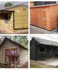 Wooden sheds and outdoor structures in various styles and finishes, showcasing potential uses for Complete Shed Door Hardware Kit With Heavy Duty Hinges Adjustable Barrel Bolts Secure T Handle Lock Weatherproof Latches For Sheds Gates Playhouses And Outdoor Structures Durable Steel Construction Easy Install Security Upgrade For Garden Sheds.