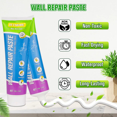 Wall Repair Paste tubes with non-toxic, fast-drying, waterproof features displayed on packaging.