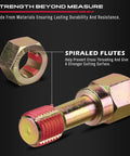 Thread repair bolt with hex nut adapter, angled view; gold finish with red spiraled flutes.