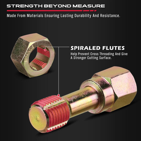 Thread repair bolt with hex nut adapter, angled view; gold finish with red spiraled flutes.