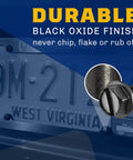 Black License Plate Screws Pack Of 4 Built Tough Rustproof 18 8 Stainless Steel With Black Oxide Finish shown securing plate
