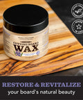 All-In-One Cutting Board Care Kit With Mineral Oil And Finishing Wax Includes Applicator Scrub Brush Buffing Pad And Lavender Rosemary Infused Wood Wax For Long Lasting Board Protection And Conditioning, featuring cutting board wax jar on wooden board.