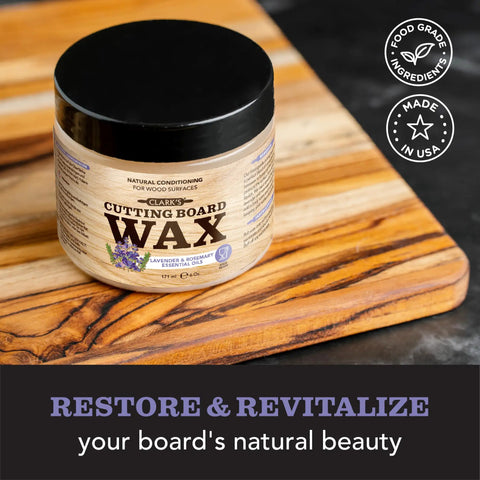 All-In-One Cutting Board Care Kit With Mineral Oil And Finishing Wax Includes Applicator Scrub Brush Buffing Pad And Lavender Rosemary Infused Wood Wax For Long Lasting Board Protection And Conditioning, featuring cutting board wax jar on wooden board.