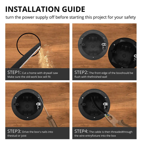 Installation guide for 4 Inch Round PVC Junction Box 18 Cu In ETL Listed Fire Rated For 2 Hours Black 3 Pack Heavy Duty Round Electrical Outlet Box