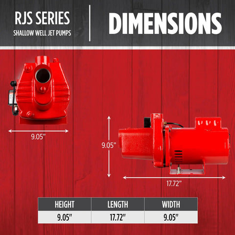 Heavy Duty Cast Iron Shallow Well Jet Pump With 3/4 HP Motor Pulling 16 GPM At 115 Or 230 Volt dimensions displayed on red background.