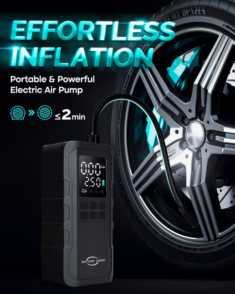 Portable Tire Inflator Air Compressor With 7500mAh Battery, 150 PSI Cordless Pump near car tire display