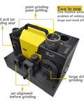 Heavy Duty Workhorse Drill Bit Grinder Sharpener Adjustable 3 To 26 Mm Angle Drill Tool With 24 Piece Collector Set And Dual Grinding Wheels, showing small and large drill bit grinding seats.