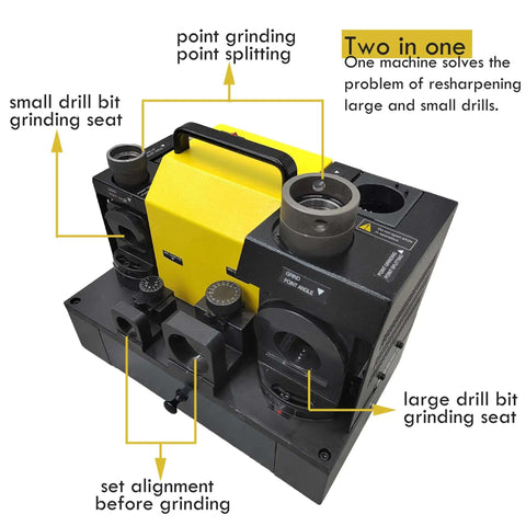 Heavy Duty Workhorse Drill Bit Grinder Sharpener Adjustable 3 To 26 Mm Angle Drill Tool With 24 Piece Collector Set And Dual Grinding Wheels, showing small and large drill bit grinding seats.