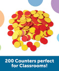 Straight Up Double Sided Counting Tiles For Kids, Red And Yellow Math Manipulatives, Preschool Sorting Gear, 200 plastic counters scattered on a surface.