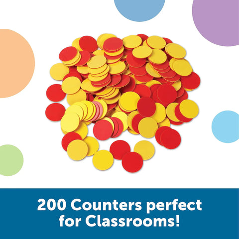 Straight Up Double Sided Counting Tiles For Kids, Red And Yellow Math Manipulatives, Preschool Sorting Gear, 200 plastic counters scattered on a surface.