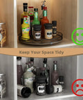 Kick Your Kitchen Clutter To The Curb With This Smooth Spinning Acacia Wood Lazy Susan Turntable Organizer and Round Wooden Tray for Condiments Spices and Bathroom Vanity Decked Out In Farmhouse Vibes, displaying a neat organization of condiments.