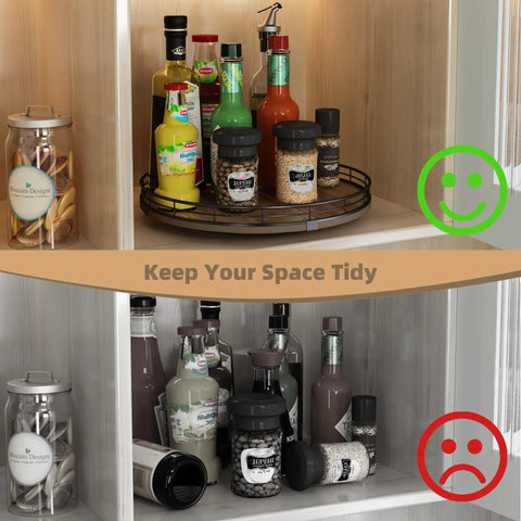 Kick Your Kitchen Clutter To The Curb With This Smooth Spinning Acacia Wood Lazy Susan Turntable Organizer and Round Wooden Tray for Condiments Spices and Bathroom Vanity Decked Out In Farmhouse Vibes, displaying a neat organization of condiments.