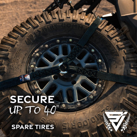 Heavy Duty Spare Tire Y Strap For UTV And Off Road Adventures, 3 Way Ratchet Tie Down, 1.6 Inch Wide Roof Rack Securement, Holds Up To 40 Inch Tires, Built Rough And Ready For Trails And Rigs shown securing tire