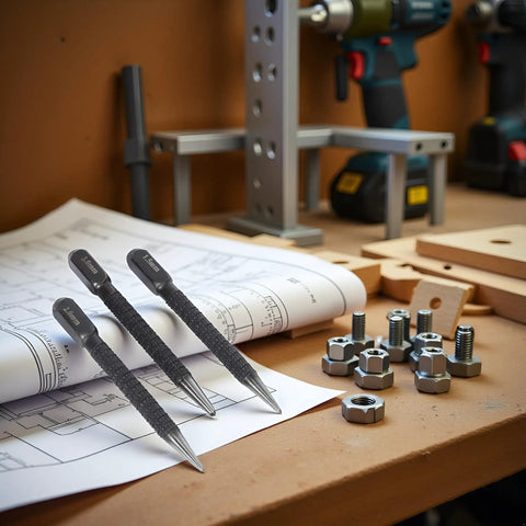 Tough As Nails 3 Piece High Carbon Steel Center Punch Set Delivers Pinpoint Marks On Metal Wood And Alloy Steel For Any Drilling Project on workspace